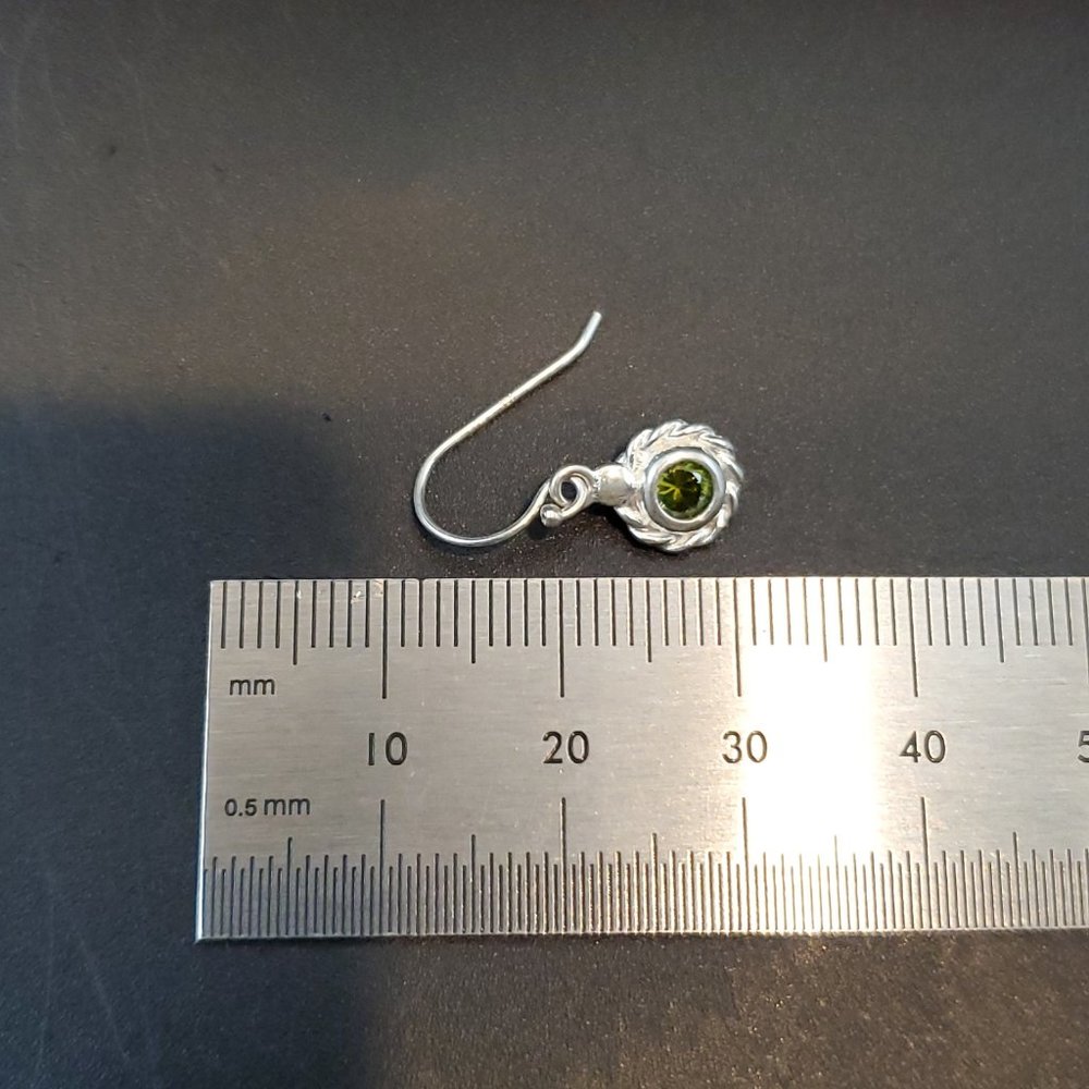 925 Sterling Silver Small Rustic Cute Green CZ Dangle Earrings - Picture 4 of 5